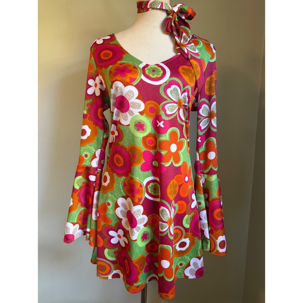 Charades Groovin Dress Pink Orange Floral Bell hippie Retro 60s 70s Costume M - Picture 4 of 7